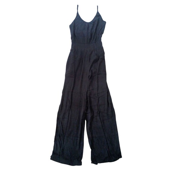 prAna Fernie Jumpsuit Womens XS Black Smocked Waist Crinkled Relaxed Wide Leg - Picture 2 of 10